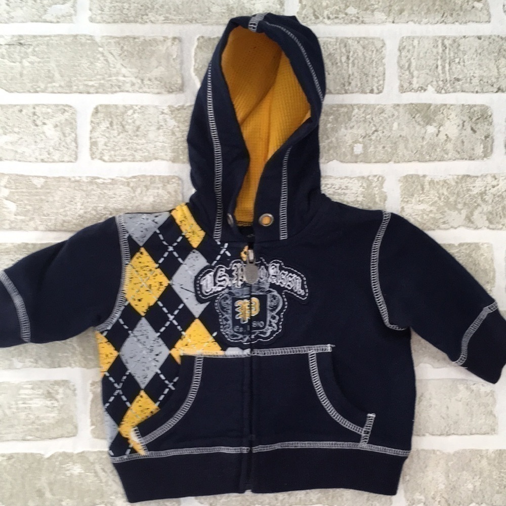 U.S. Polo Assn. Baby Boy Argyle Plaid Zip-Up Hoodie Navy Blue 0-3M